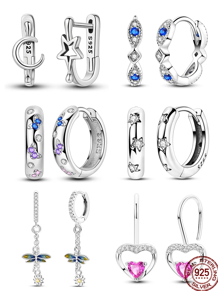 Real 925 Sterling Silver Pave U Shape Zircon Hoop Earrings Feather Cute Cat Paw Stud Earrings For Women Girlfriend Birthday Gift
