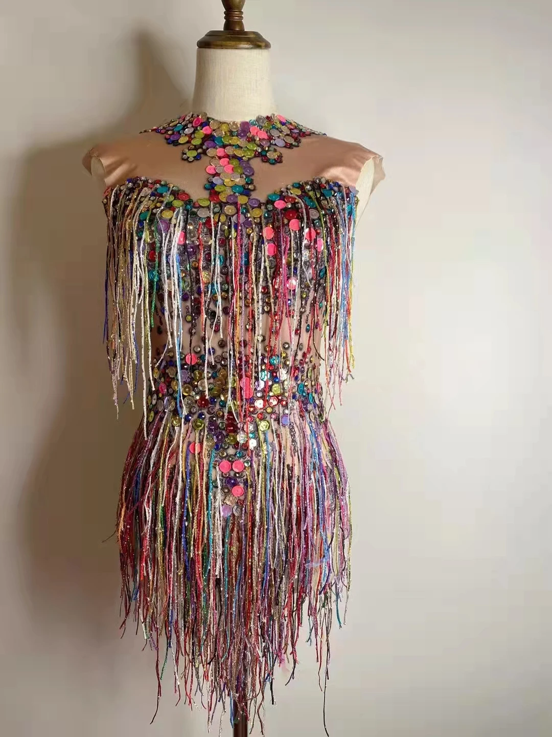 Sexy Kwastje Multi-color Pailletten Turnpakje Stadium Slijtage Nachtclub Bar DJ Gogo Dans Kostuum Paaldansen Prestaties Fringe bodysuit