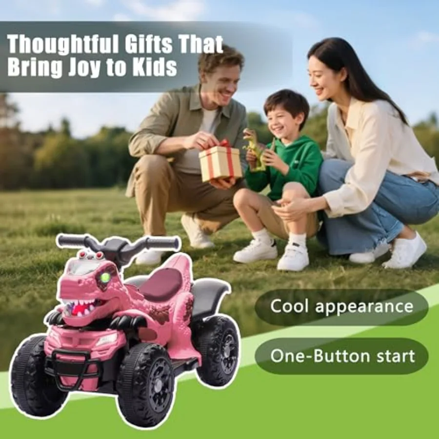 공룡 전동 ATV 4륜차 어린이용, 12V 전동 자동차 음악, 블루투스 및 LED 조명 포함, 3세 이상 생일 선물
