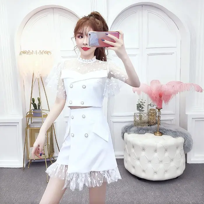 

Summer New Korean Style Elegant Mesh Patchwork Chic Blouse + High-Waist A-Line Skirt Short Skirt Two-Piece Set for Women Female