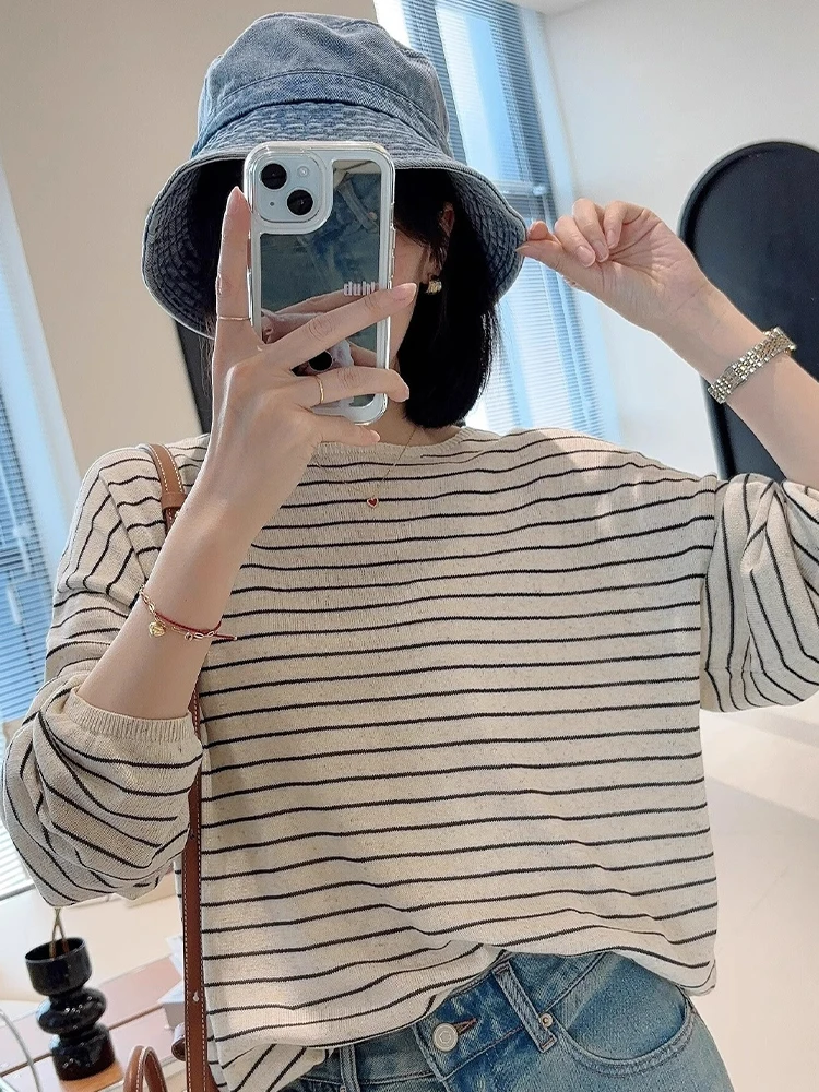 

Корейский круглый трикотаж с рисунком Ne, повседневный свободный утягивающий длинный свек, уникальный дизайн, осенний топ, универсальный, удобный крой