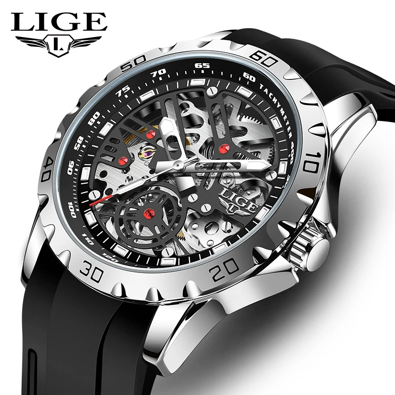 

2024 New LIGE Top Brand Luxury Hollow Waterproof Tourbillon Mechanical Automatic Watch Men Silicone Skeleton Mens Watches + Box