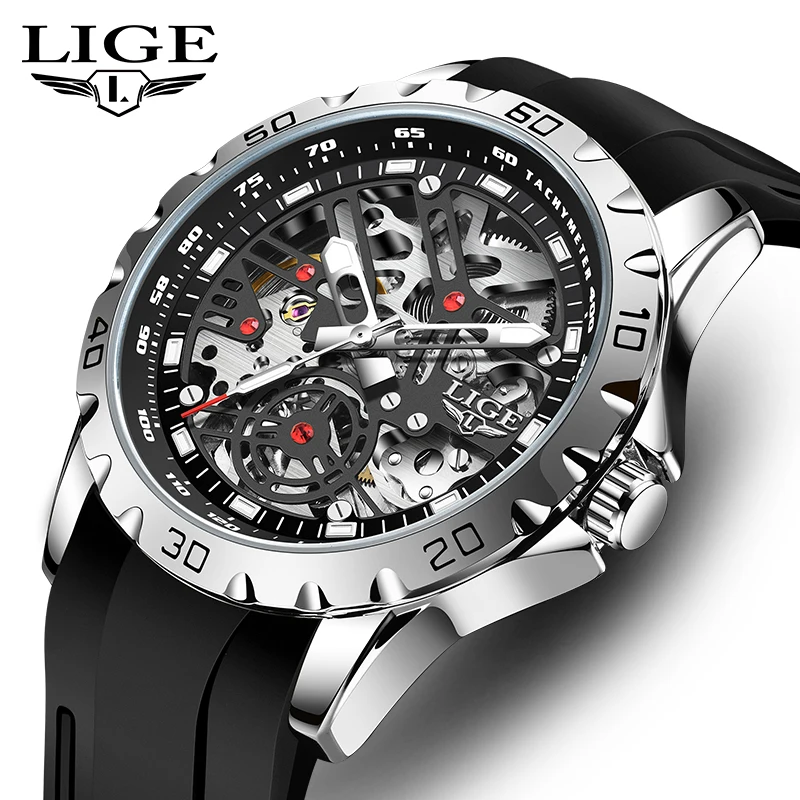 2024 New LIGE Top Brand Luxury Hollow Waterproof Tourbillon Mechanical Automatic Watch Men Silicone Skeleton Mens Watches + Box