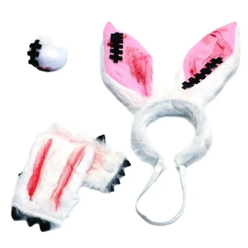 39bd Halloween Cosplay Konijnen Kostuumaccessoire met konijnen Oren Hoofdband Furry Tail en handschoenen voor vrouwen
