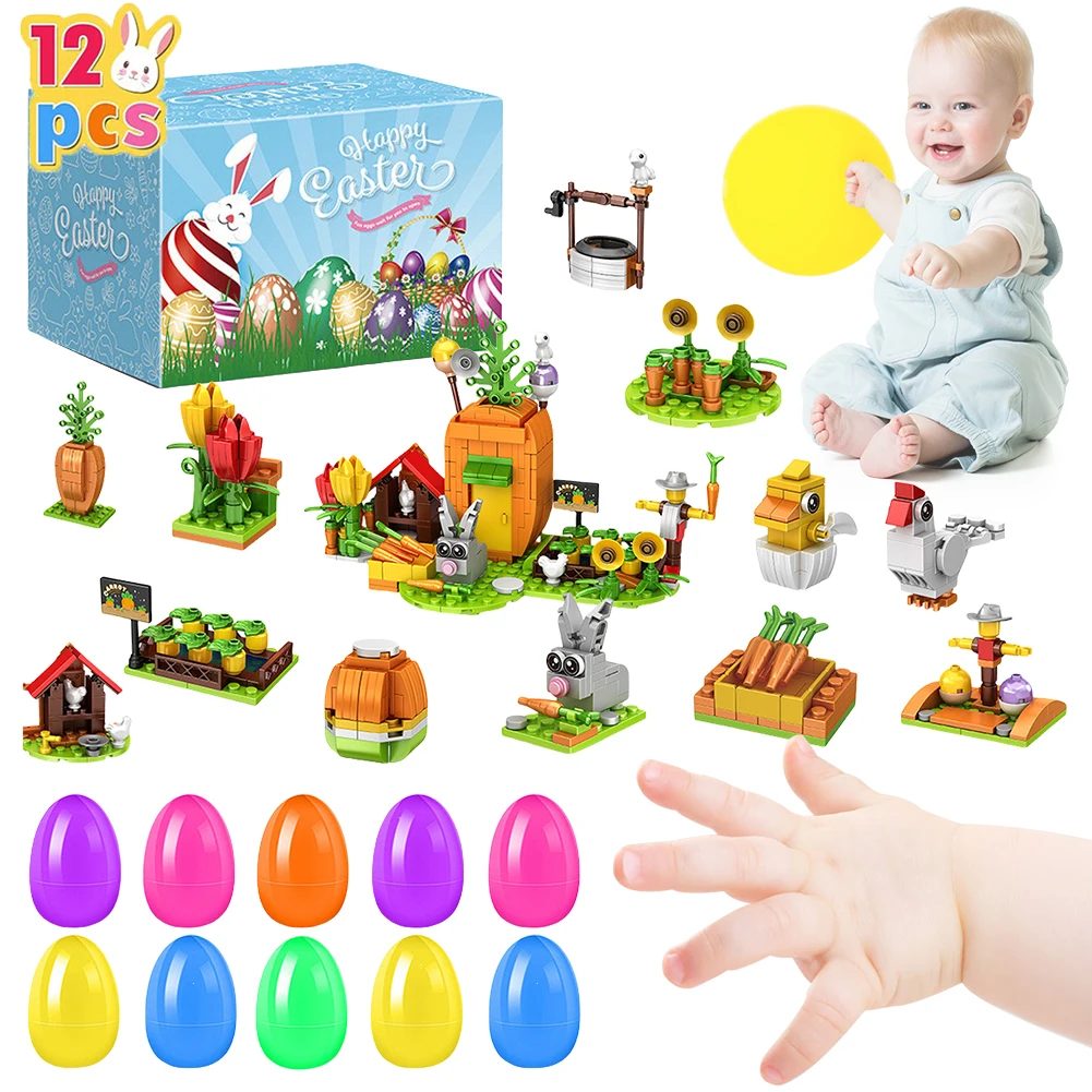 

12Pcs Prefilled Easter Eggs Easter Basket Stuffers Colorful Filled Easter Egg Gift with Building Blocks for Boys Girls