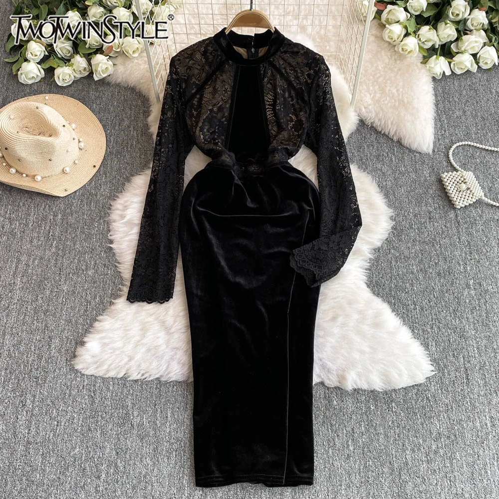 TWOTWINSTYLE Patchwork Lace Formal Dresses For Women Stand Collar Long Sleeve High Waist Elegant Slimming Dress Female KDR513436