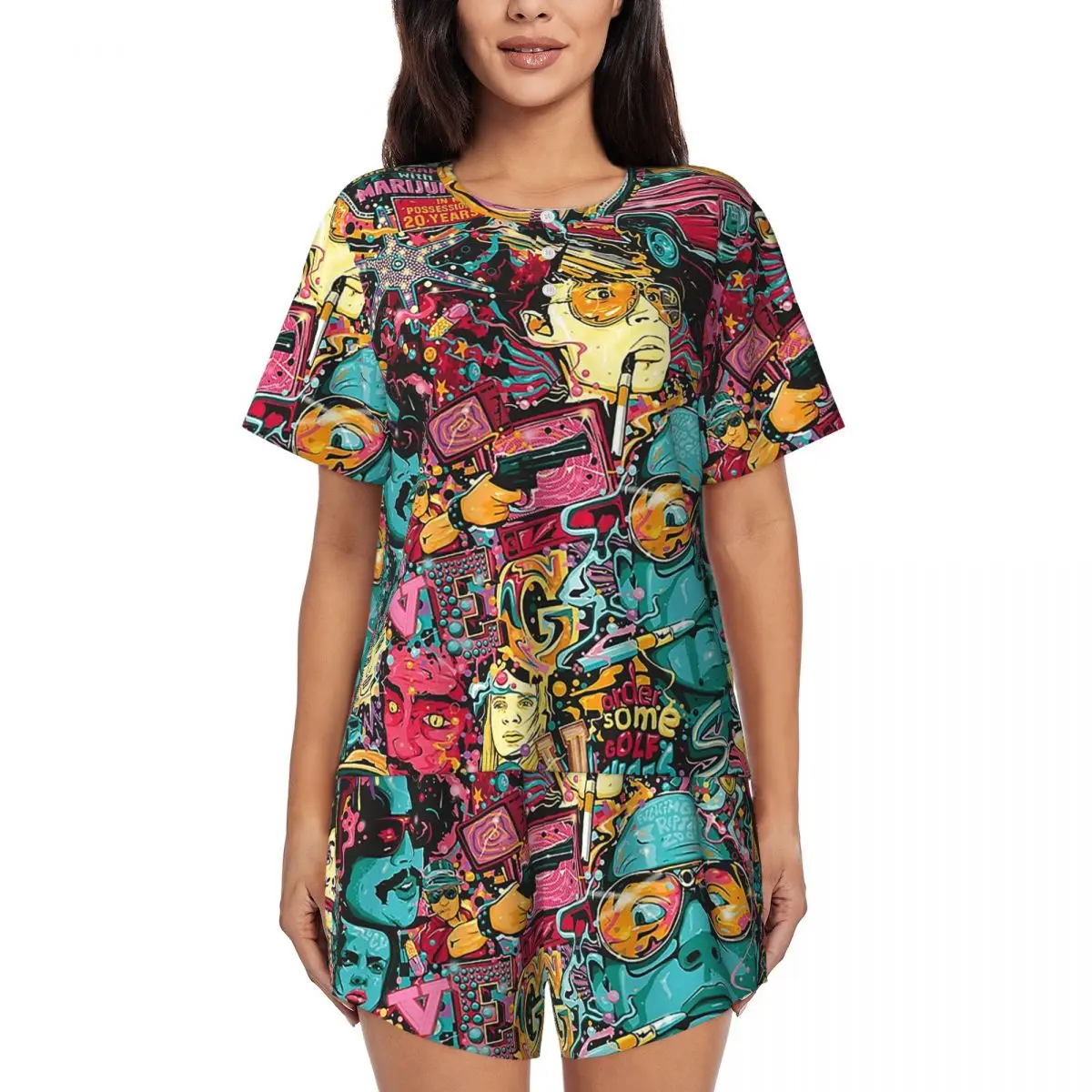 

Fear And Loathing In Las Vegas Art Round Neck Short Sleeve Nightgowns for Sleeping Sleepshirts Women Soft Pajama Set Short Pants