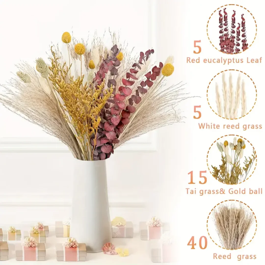 65 Pieces Natural Dried Reed Bouquets Rustic Perfect for Farmhouse Table Party Home Decor Christmas Birthday Wedding Arrangement