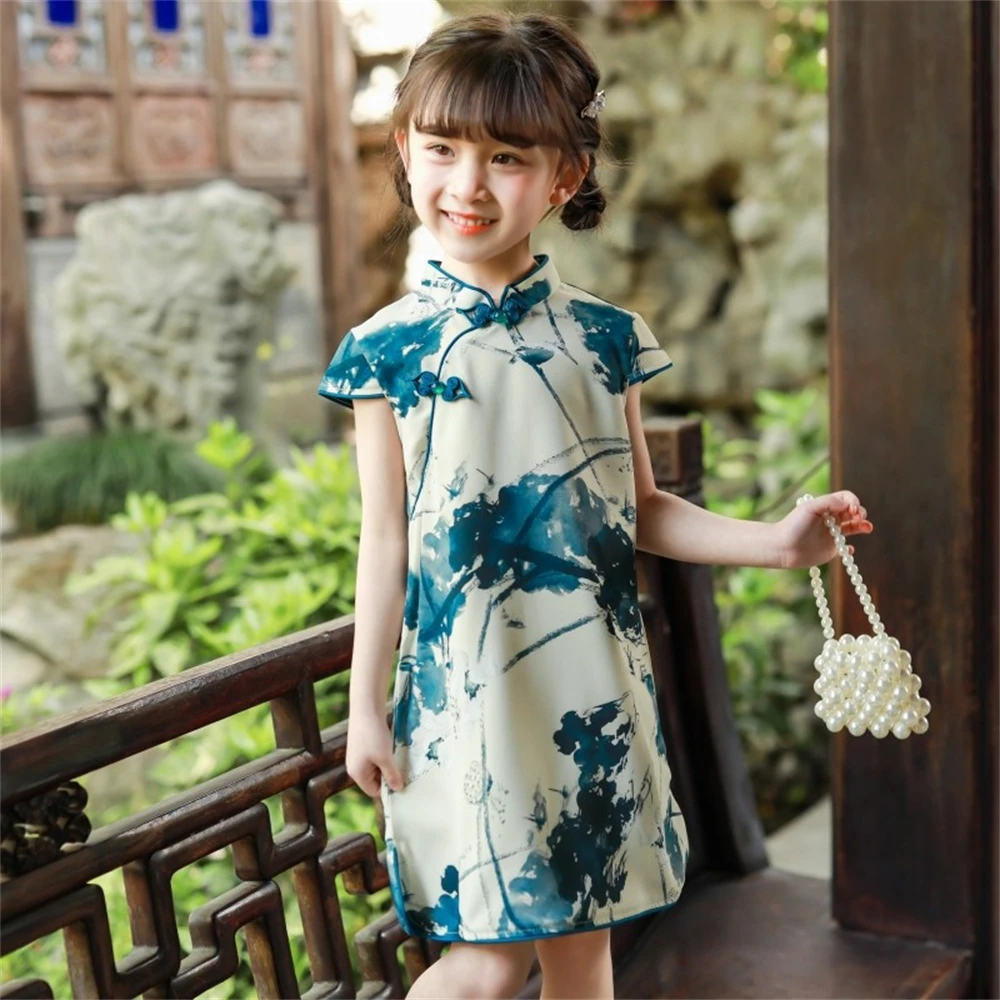 Kinder Tang Anzug Frühling Sommer Mädchen chinesischen alten Stil Tinte gedruckt Hanfu Kleinkind schicke Prinzessin Kleid täglich dünne Cheong sam