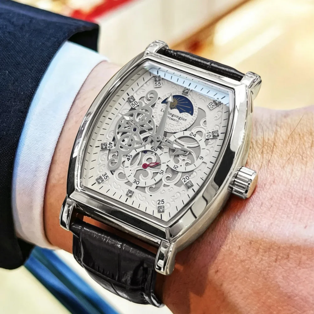 

Popular Barrel-Shaped Men's Mechanical Watch, Fully Hollowed-Out Engraved Dial, Automatic Mechanical Movement with Transparent Back, Wear-Resistant Leather Strap, Waterproof, Light Luxury Men's Wristwatch, Versatile for Business, Banquets, and Commuting, 