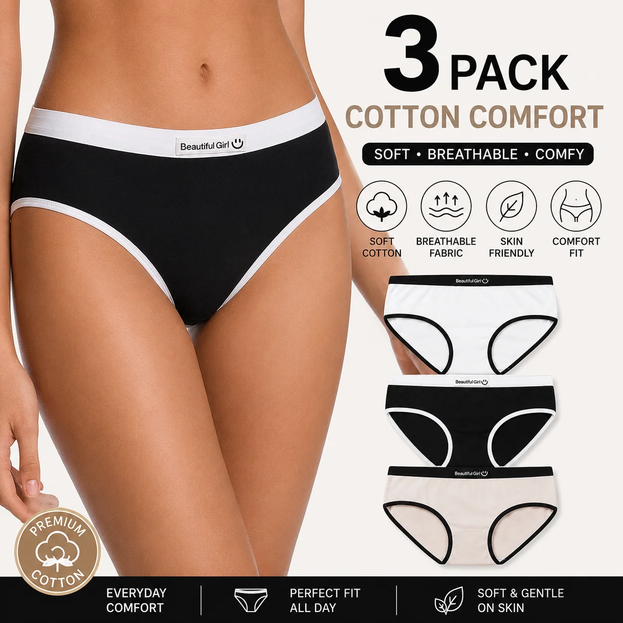 3Pcs Women Panties Letter Briefs Soft Breathable Mid‑Waist Ladies Daily Intimates Underpants