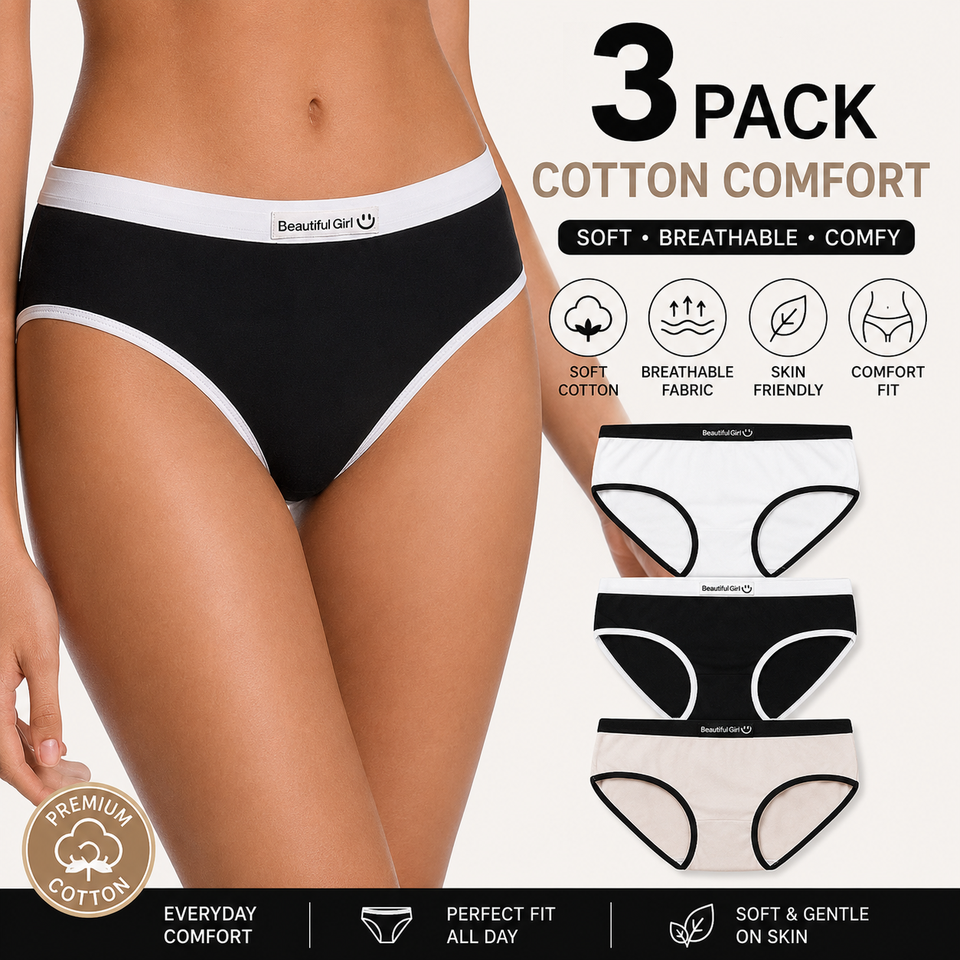  3Pcs Women Panties Letter Briefs Soft Breathable Mid‑Waist Ladies Daily Intimates Underpants