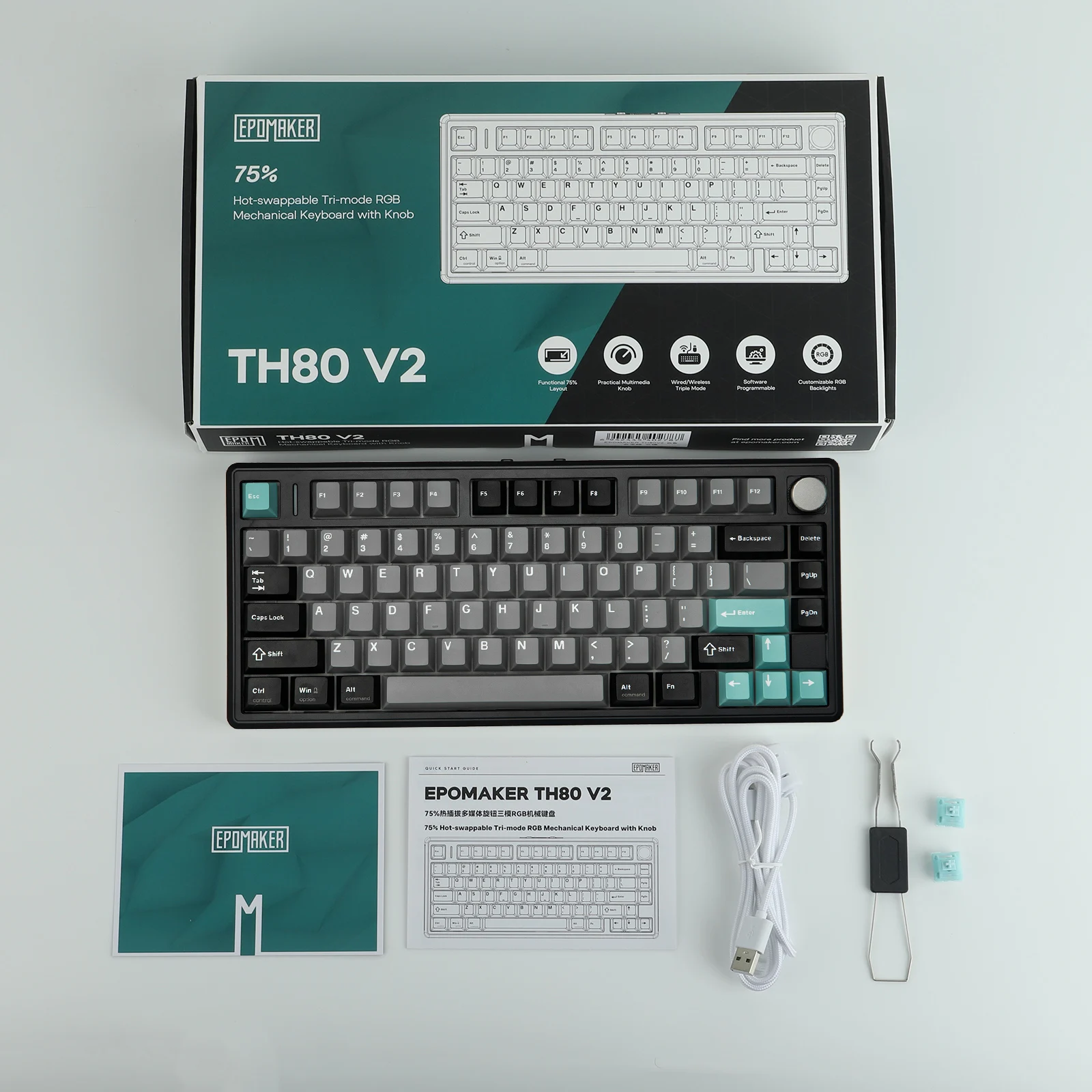 EPOMAKER TH80 V2 75% ANSI US 레이아웃 유선/블루투스/2.4Ghz 무선 기계식 게이밍 키보드 (프로그래밍 가능한 키 및 노브 포함)