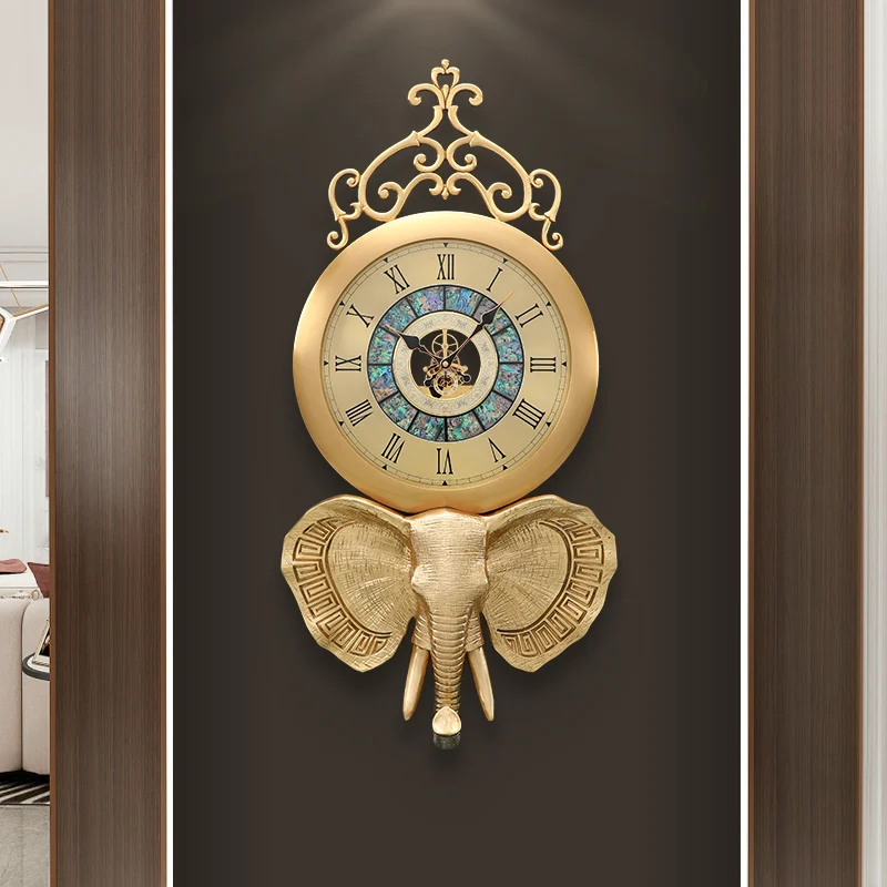 Lucky brass elephant wall clock light luxury home porch decorative wall clock creative luxury watch art wall clock.