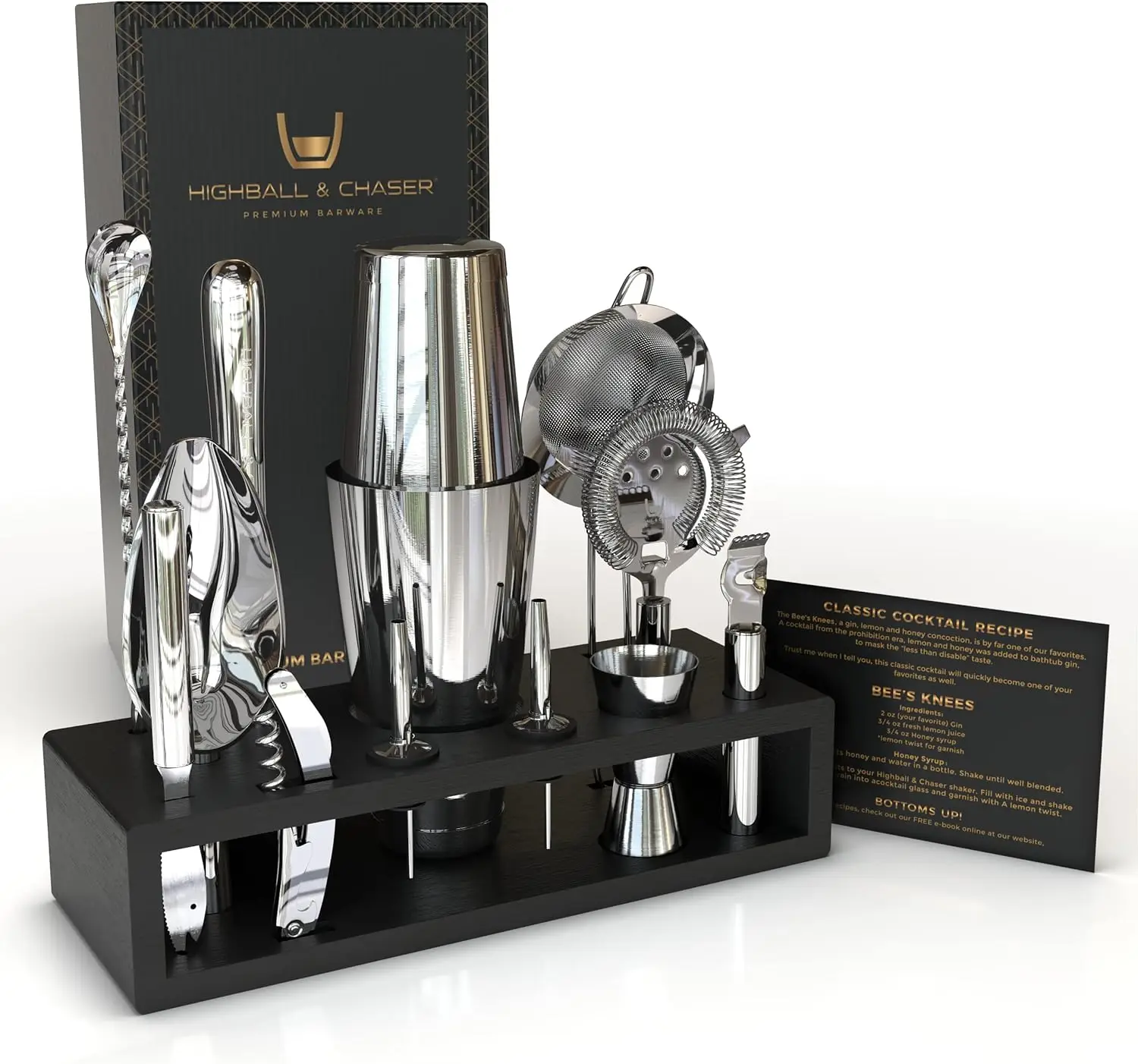 

13-Piece Boston Cocktail Shaker Set Stainless Steel Mixology Bartender Kit with Stand for Home Bar, Laser Engraved Tools & 30