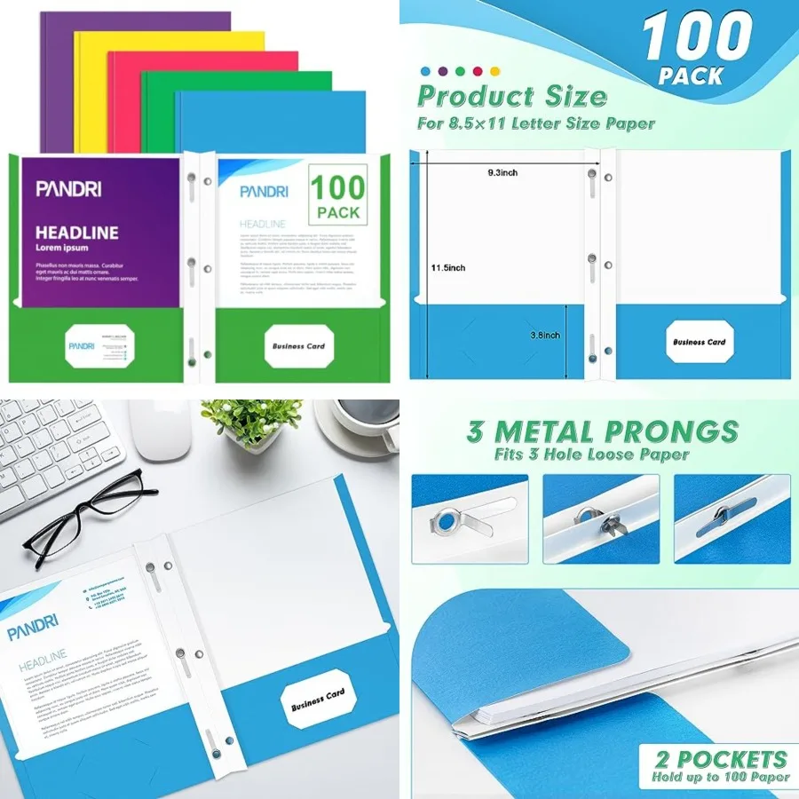 

Two Pocket Folders, 100 Pack Two Pocket Folders with Prongs, Designed for Office and Classroom, Assorted 5 Colors 2 Pocket 3 Pr