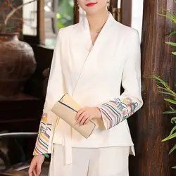 Vintage Chinese Style Embroidered Coat Blouse Fashions V-Neck Shirt Jacket Office Commuter Autumn Women's Clothing Lady Blazer