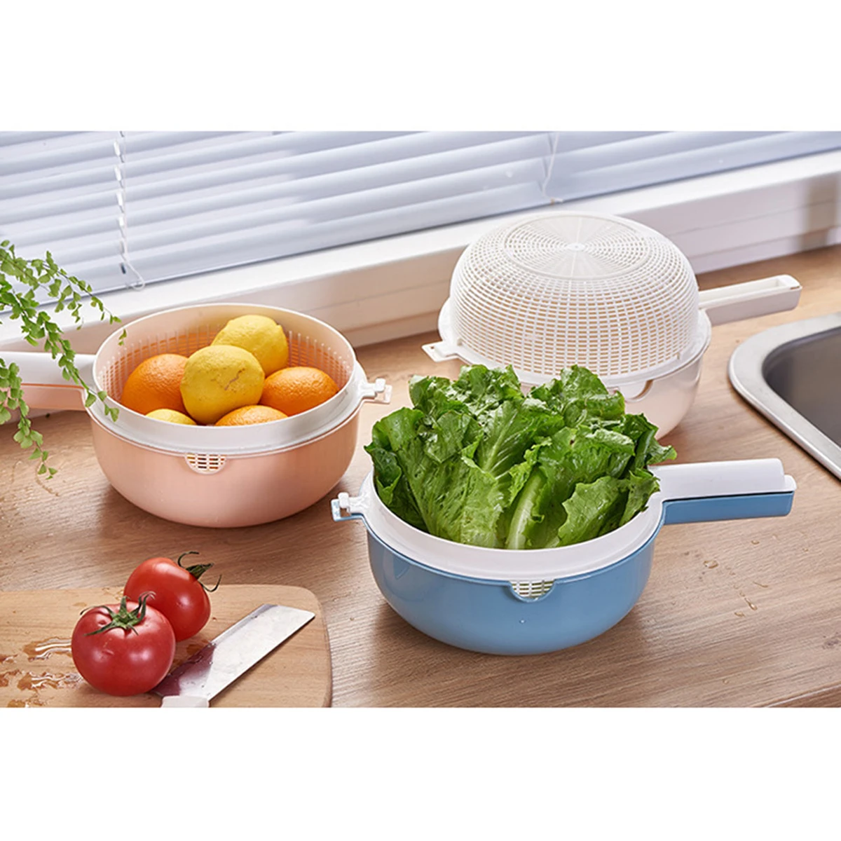 

2 Pcs Double Layers Portable Washing Basket With Handle Fruit Vegetable Strainer Storage Rack Kitchen Essentials