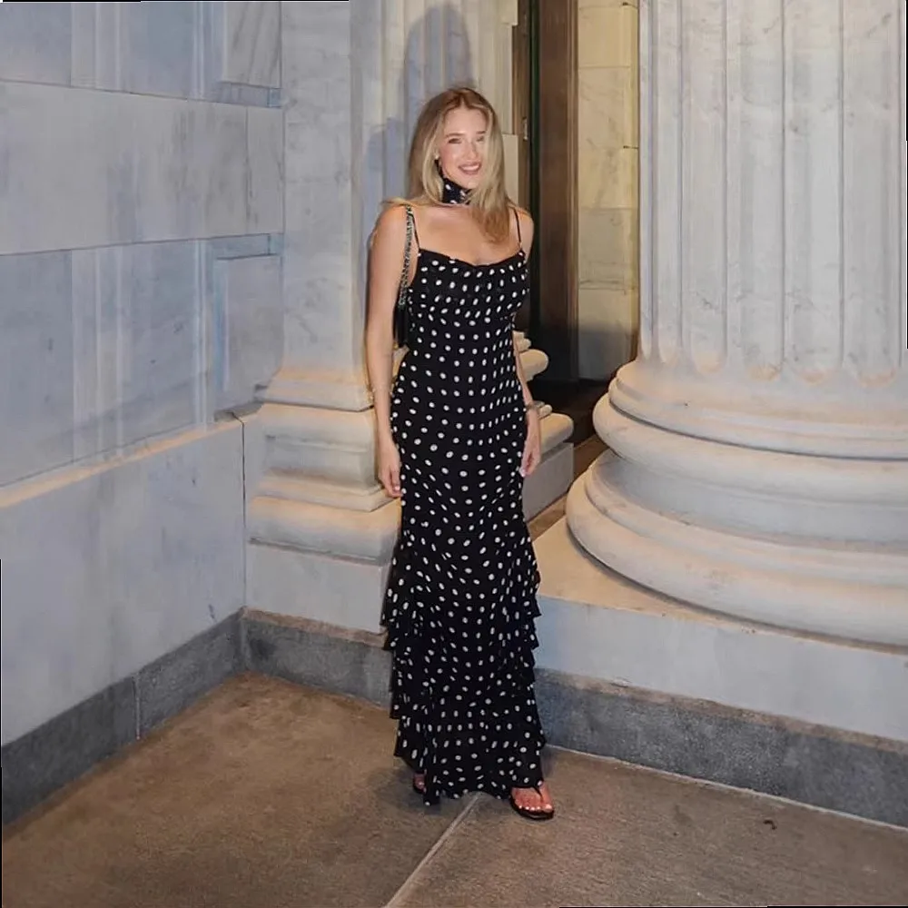 Summer Sleeveless Polka Dot Scarf Neck Ruffle Strapless Midi Dress Dresses Matching Set