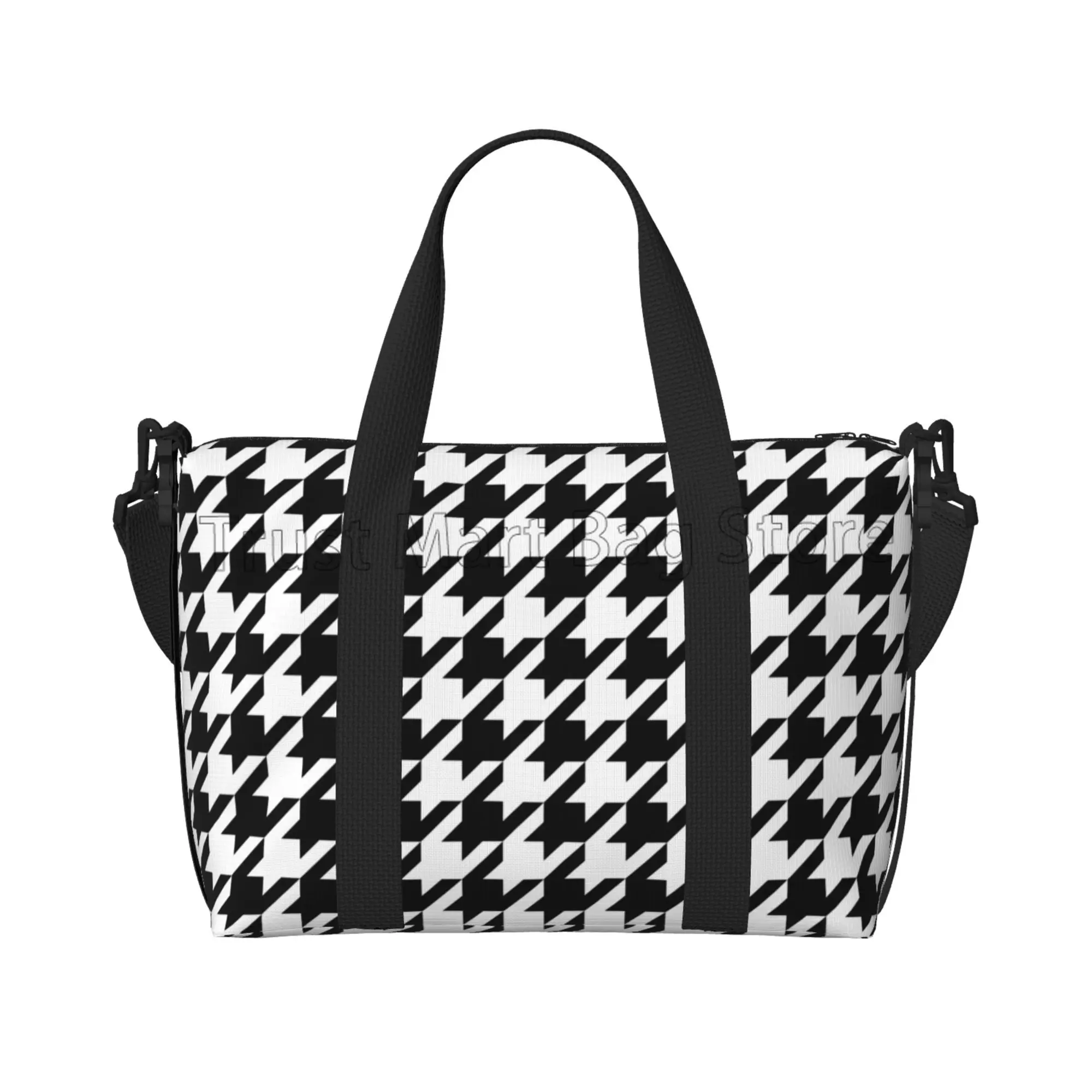 Czarno-białe torby podróżne Houndstooth Workout Casual Luggage Bag Przenośne wodoodporne torby z grubej bawełny Weekender Overnight Handbag