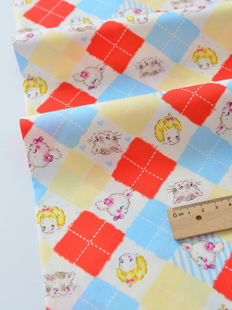 Fabric Pure Cotton,20s Digital Printing Plaid Doll Avatar Patchwork DIY Handmade Sewing by Half Meter