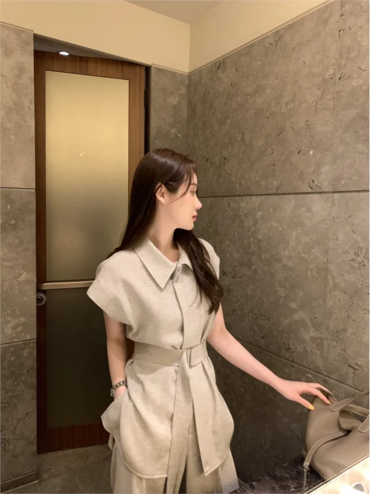 Summer 2 Two Piece Set Women Korean Style Loose Pleated Ladies Sleeveless Shirts High Waist Fashion Wide Leg Woman Long Pants