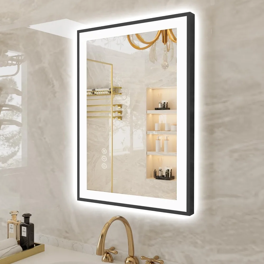 

20x28 LED Bathroom Mirrors for Wall -Black Aluminum Framed (Front and Backlit), Anti-Fog Vanity Mirror With Lights,Stepless Dimm