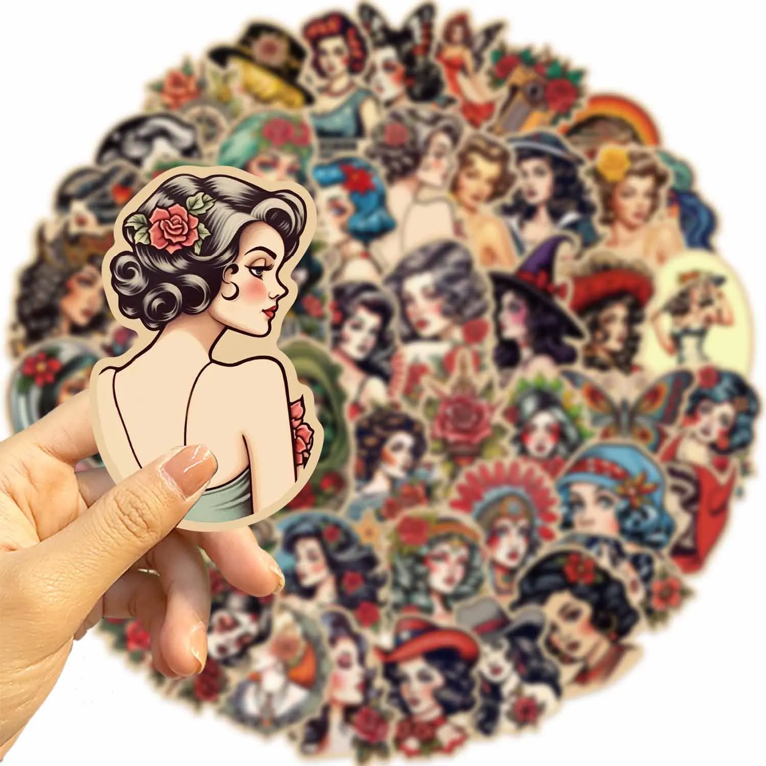 

10/30/50PCS Retro Girl Cartoon Stickers Tattoo Girl Graffiti Decals Kids Toy Scrapbook Luggage Laptop Phone Car Bike Skateboard