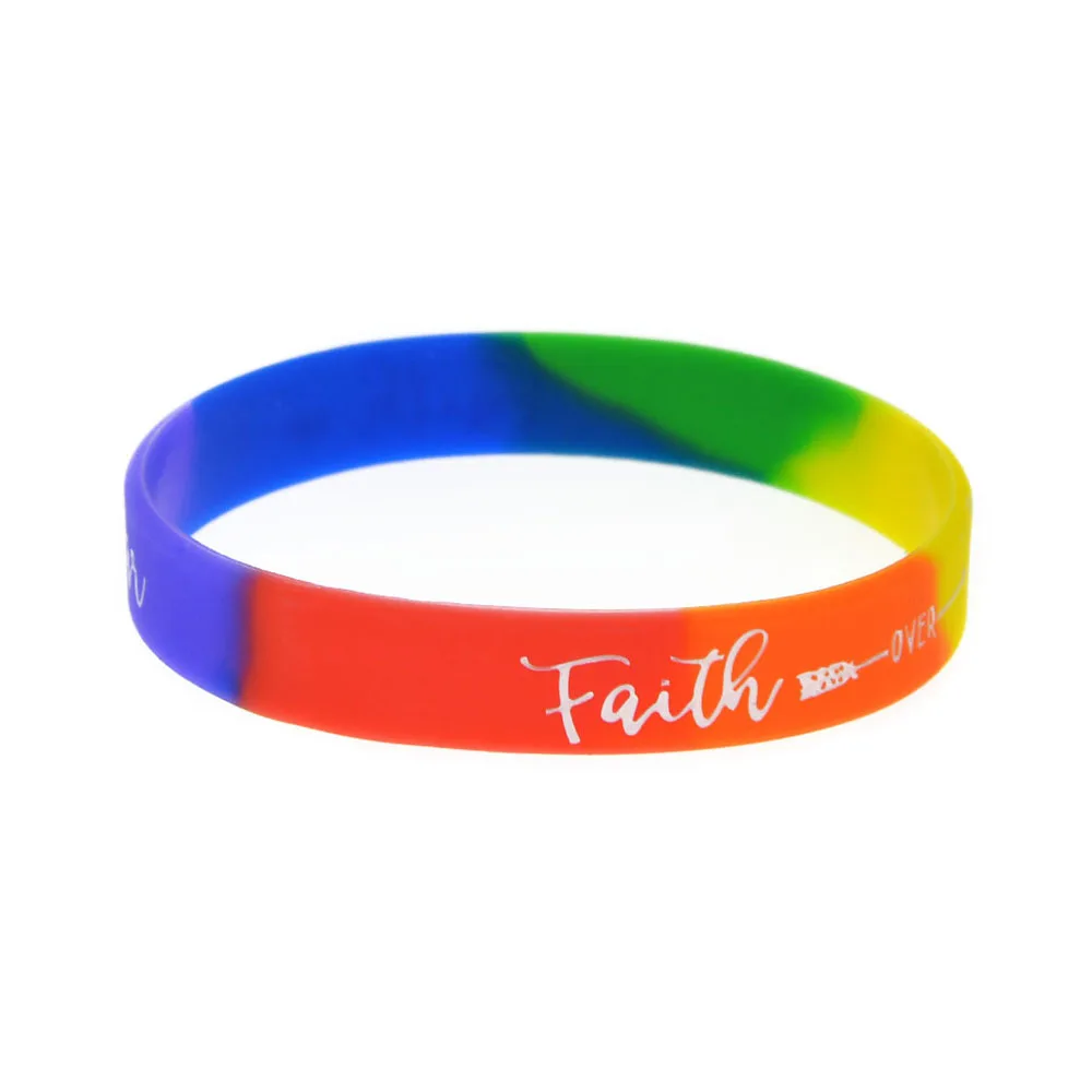 1 PC Faith Over Fear Silicone Bracelet 1/2 Inch Wide Bangle Rainbow Color