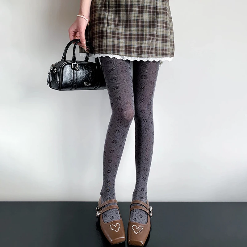Women Floral Jacquard Tights Diamond Grid Pantyhose Stretchy Knit Hosiery Dress Outfit Matching