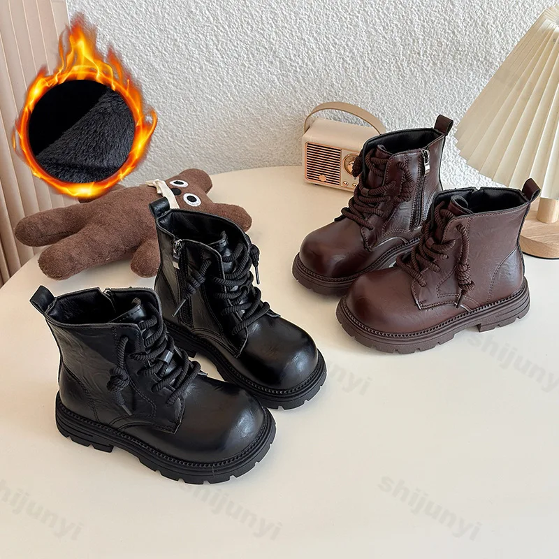 

Children's Short Boots 2025 Winter New Girls' Fashion Lace Up Side Zipper Leather Shoes Non Slip Comfort Warm Boys' Cotton Boots