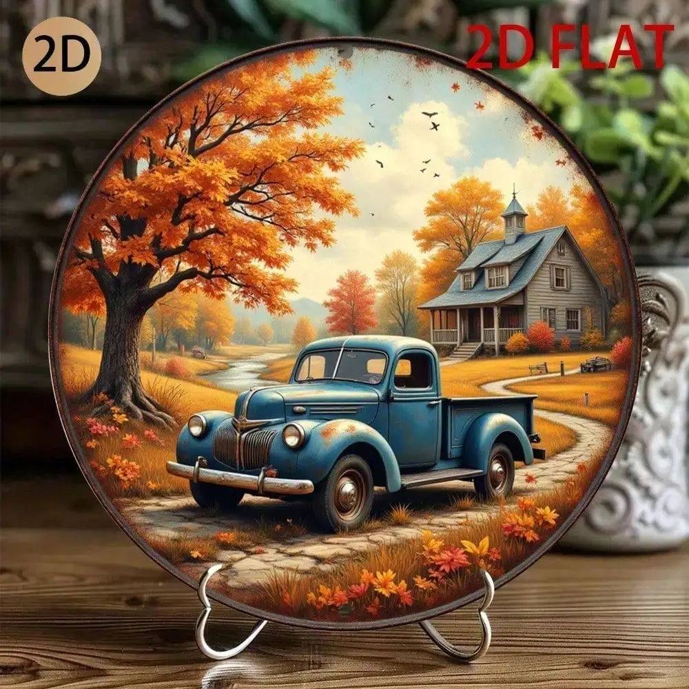 Vintage Blechschild Wanddekoration - Rustikales 2D Flaches Metallschild mit Blauem Pickup-Truck & Herbstlicher Ländlichen Landschaft