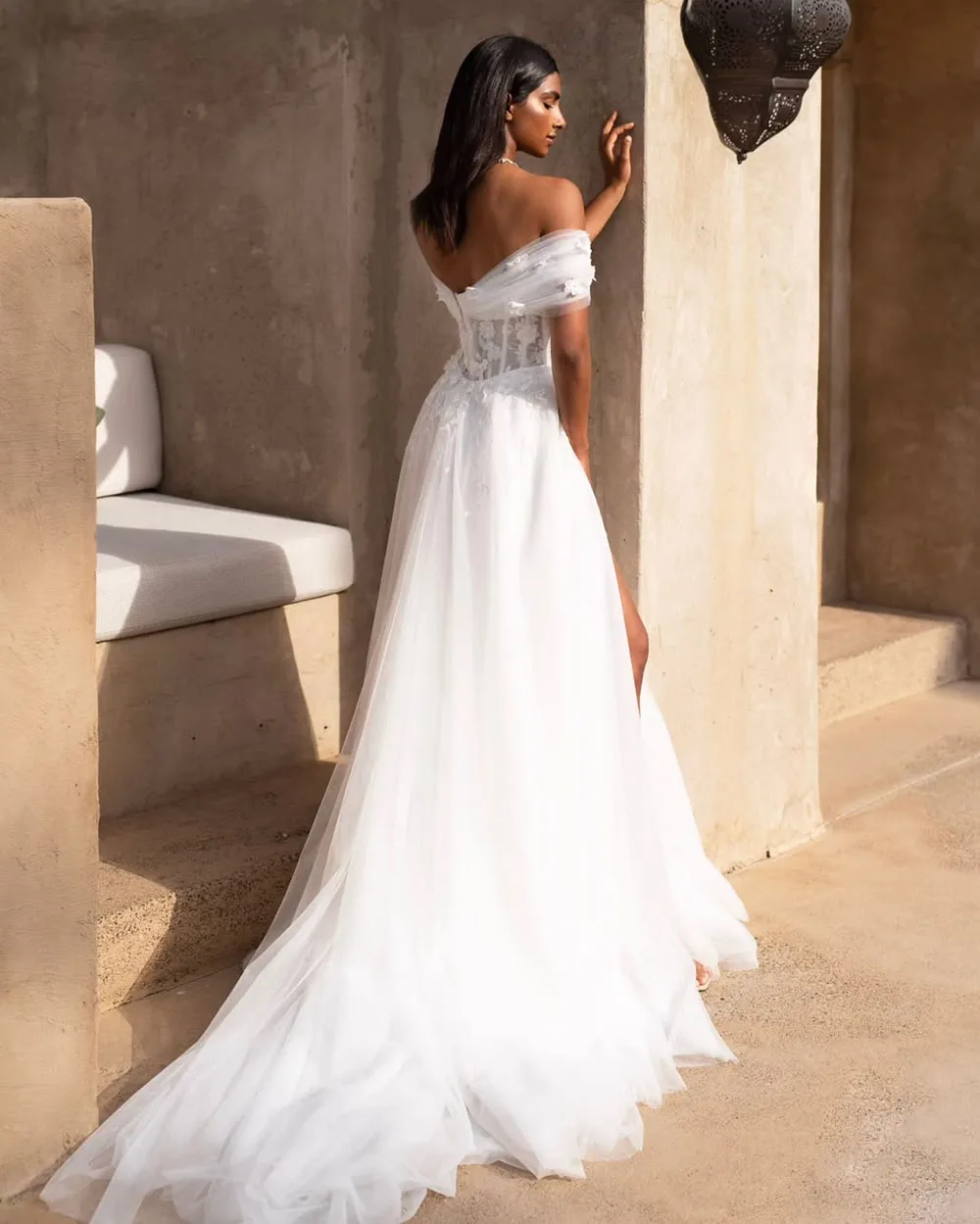 사용자 정의 오프 어깨 코르셋 웨딩 드레스 2025 Tulle 높은 슬릿 레이스 Appliques 우아한 Weddingg 가운 로맨틱 신부 드레스