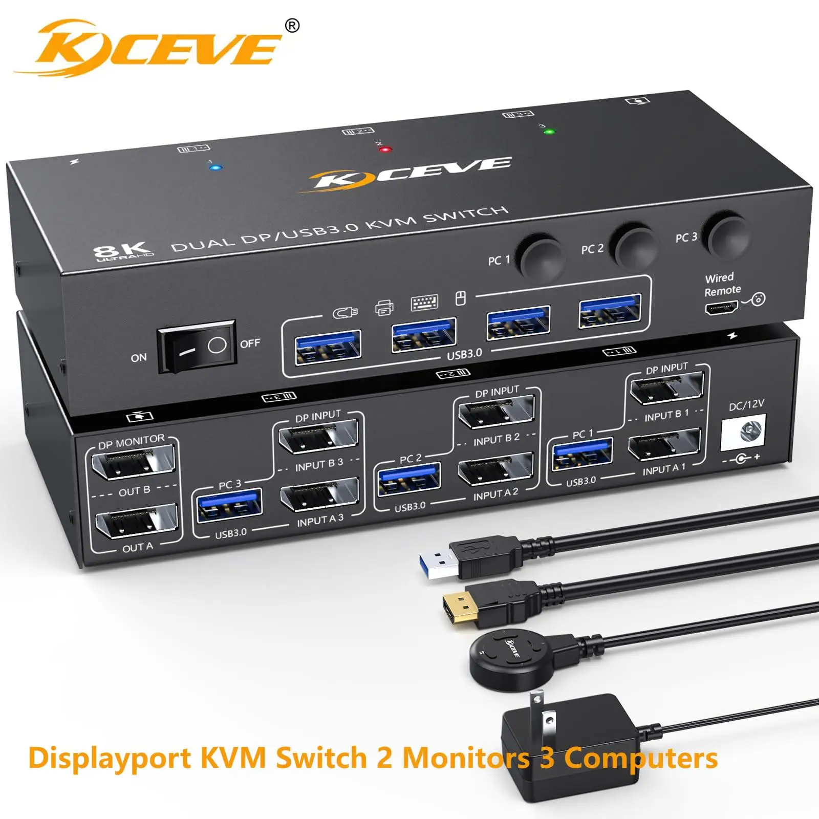 

Dual Monitor KVM Switch,USB 3.0 Displayport KVM Switch 2 Monitors 3 Computers 8K@60Hz 4K@144Hz,3 PC Share 2 Monitors 4 USB 3.0