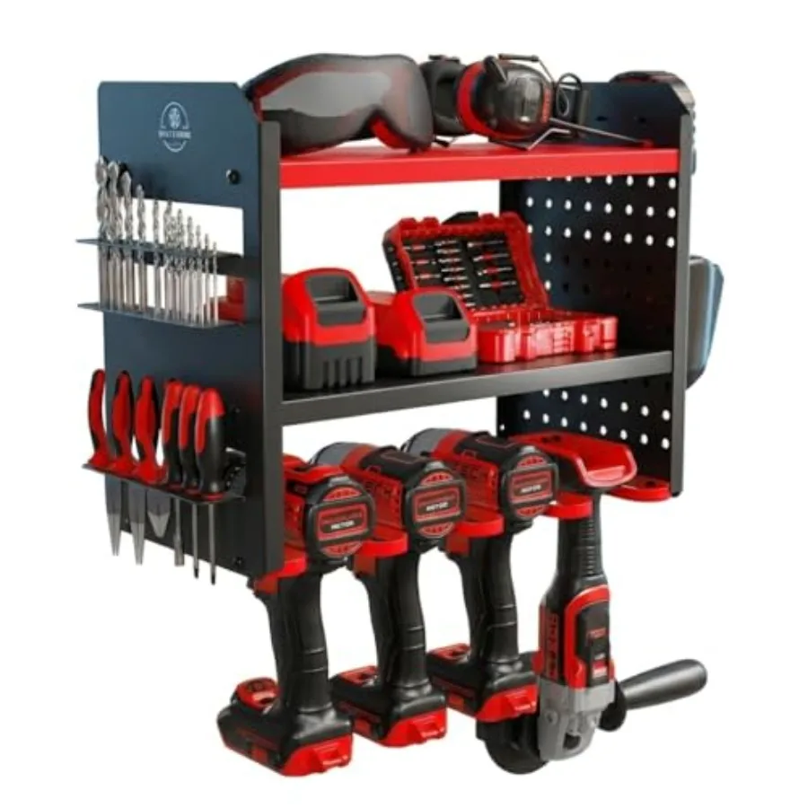 

Power Tool Organizer Wall Mount 3-Tier Heavy-Duty Steel Rack, Slots, Pegboard + Utility Side, 100 lb Capacity Garage, Workshop