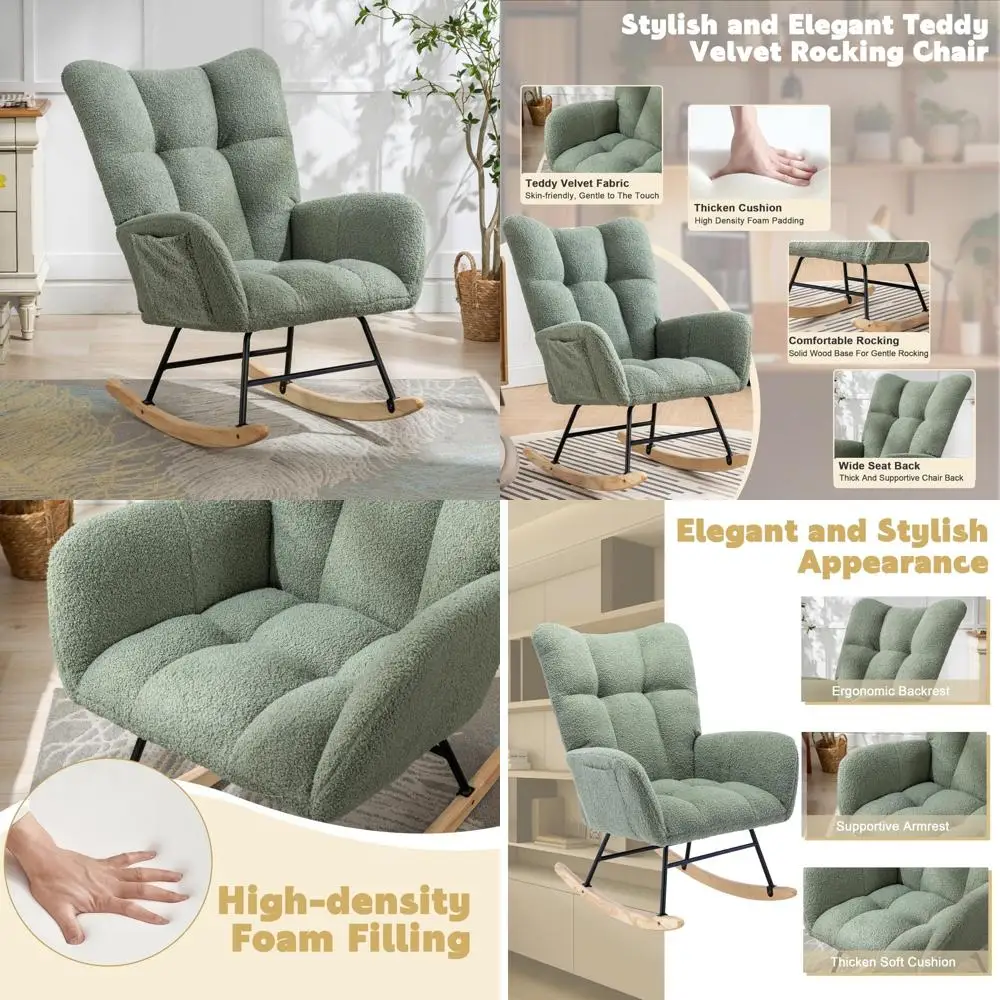 Upholstered Teddy Glider Rocking Chair for Nursery with Padded Seat, High Backrest, and Comfortable Side Accents