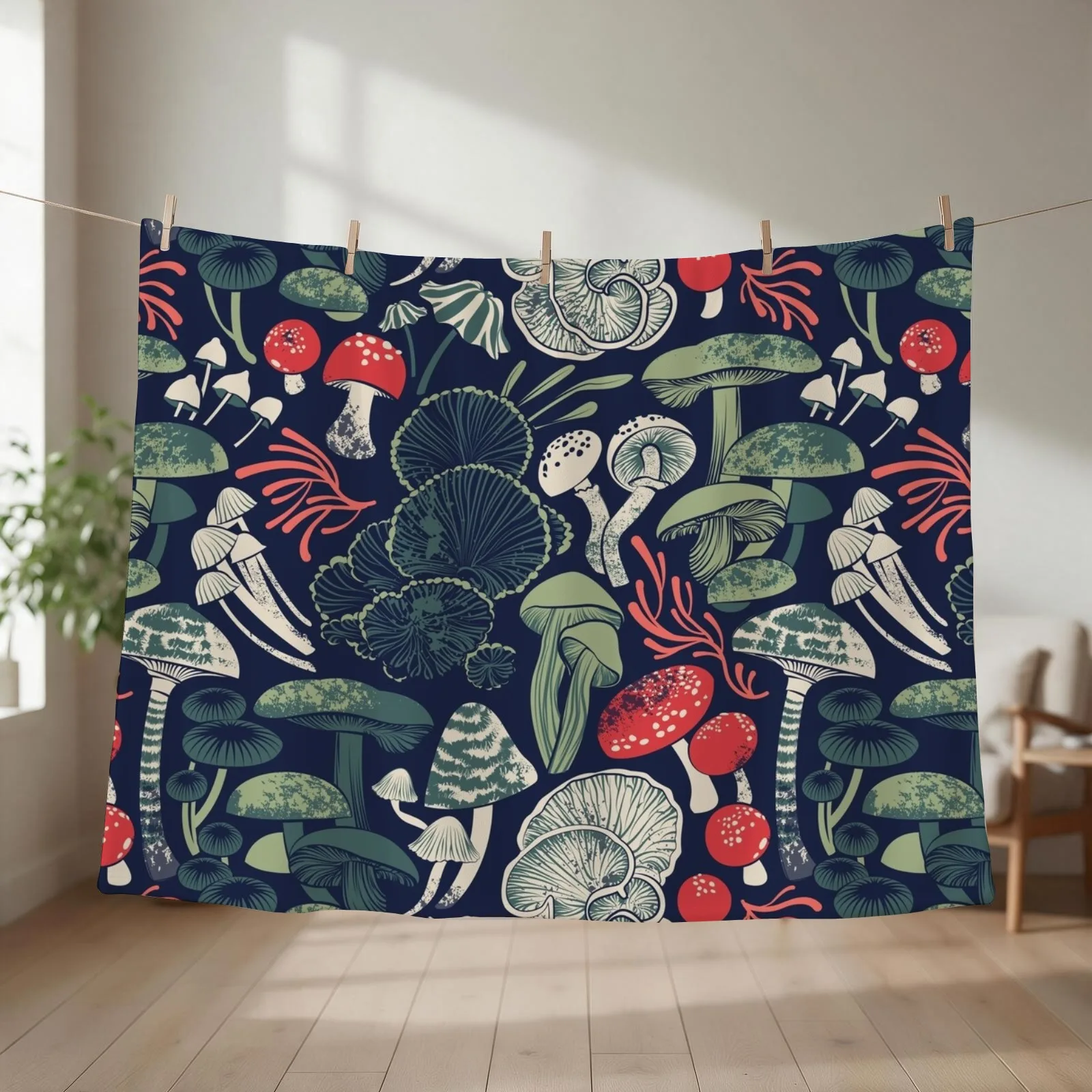 Mystical fungi // midnight blue background sage and forest green red and coral wild mushrooms Throw Blanket