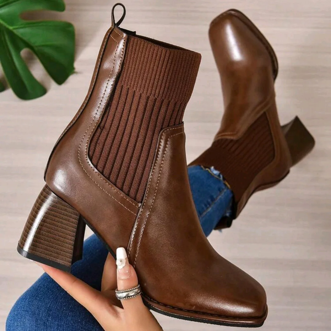 

Women Ankle Boots Autumn New Square Toe High-heel Patchwork Elastic Heels Shoes PU Leather Anti Slip Fashion Short Boot