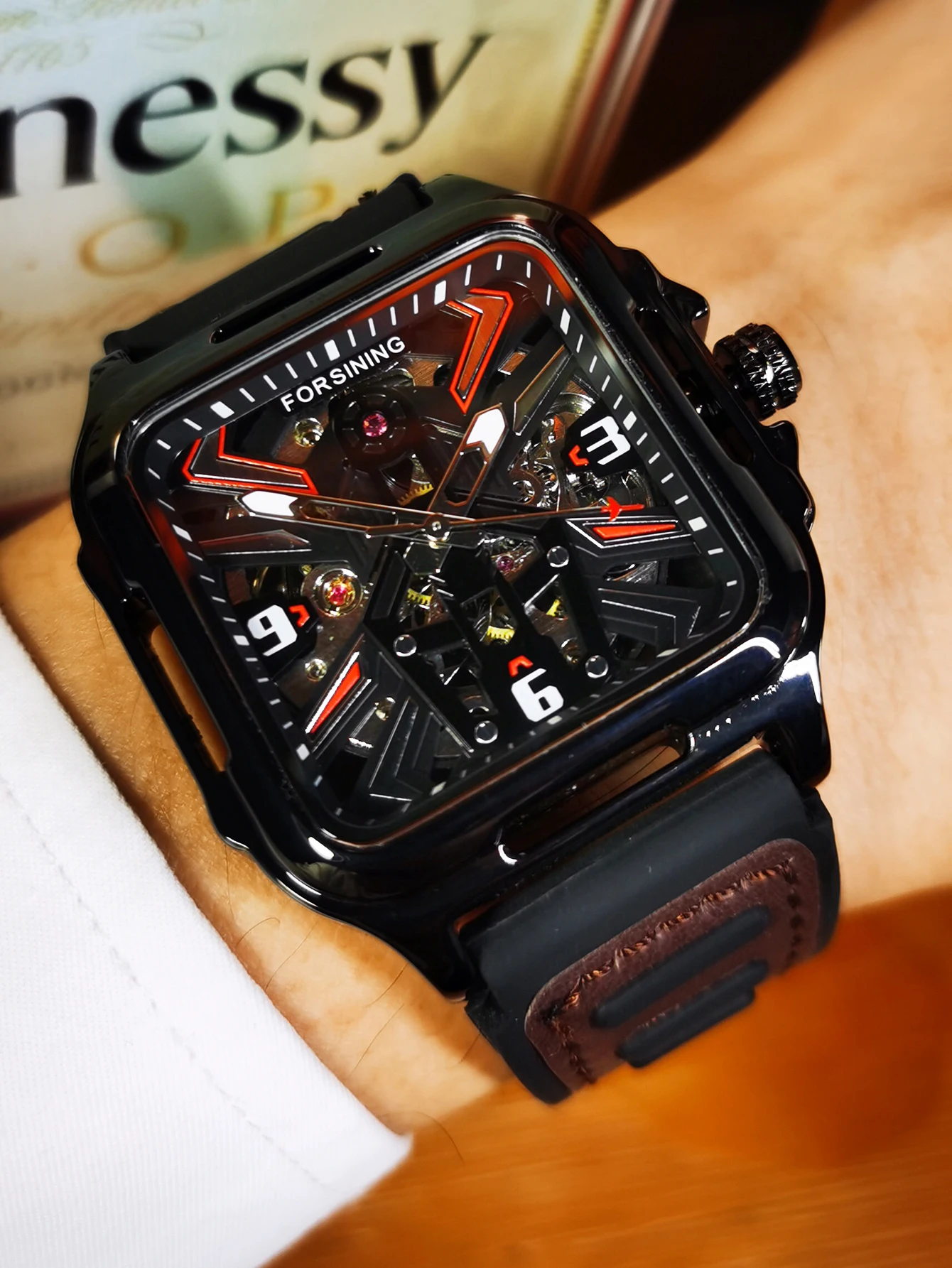 Forsining Gold Black Square Skeleton Automatic Watch for Men Luminous Hands Luxury Sports Mechanical Watches Rubber Leather Band