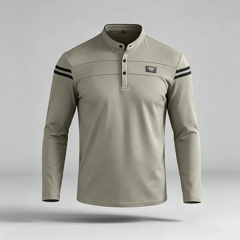 Men Stand Collar Long Sleeve Polo Shirt Placket Chest Panel Badge Double Stripe Sleeve Regular Fit Business Casual Daily Top