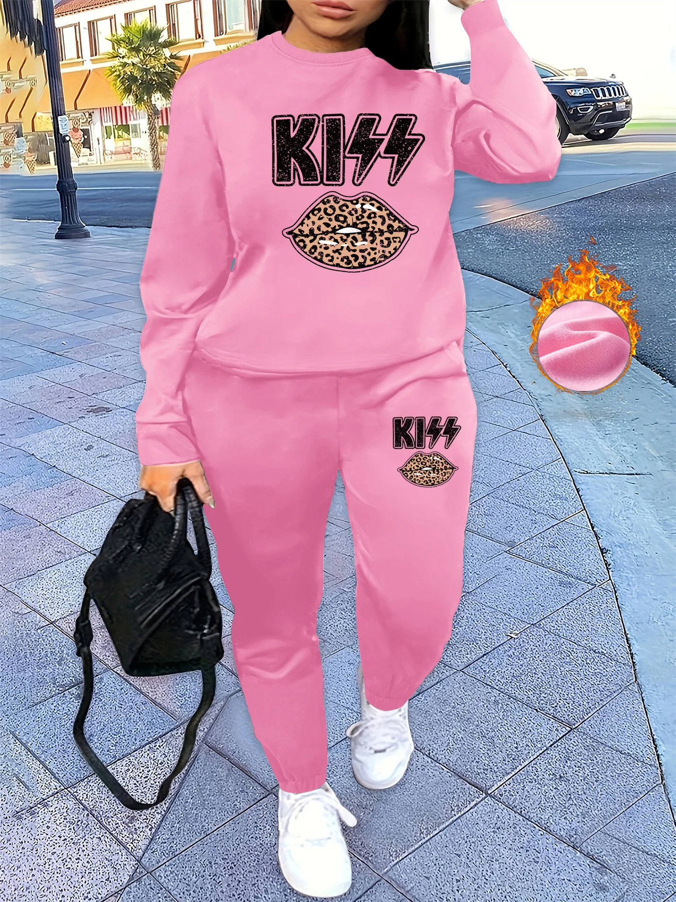

Women's autumn and winter hip-hop casual street KISS leopard print lip print round neck sports shirt+sports pants warm suit