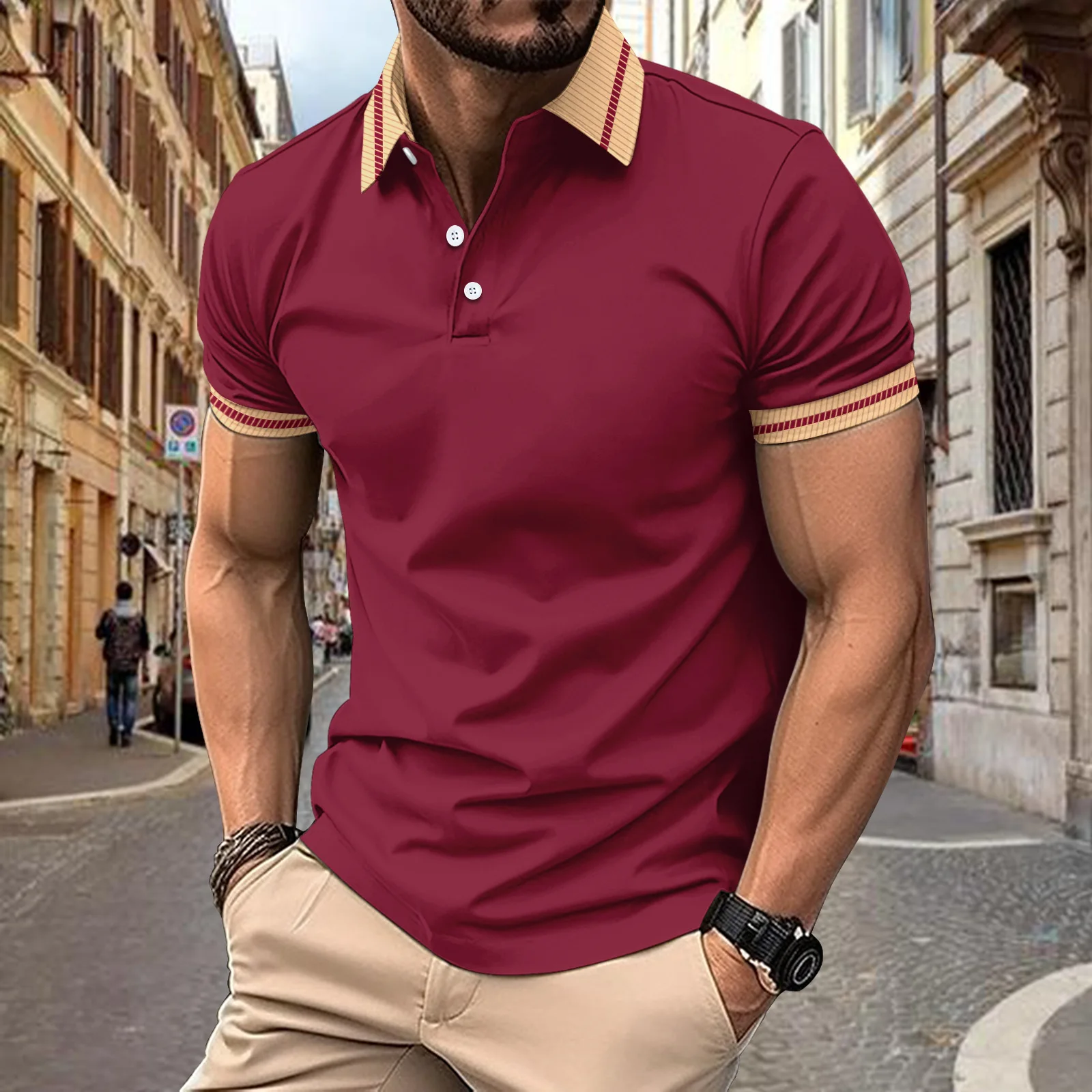 Camicia POLO Amazon estiva europea e americana da uomo con bottoni abbinati ai colori, polo sportiva da uomo con risvolto