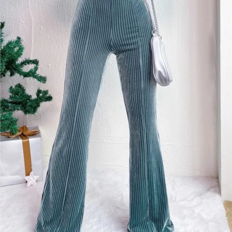 

Retro High Waisted Corduroy Flared Pants For Spring And Autumn, Solid Color Casual Wide Leg Long Sports Pants For Women