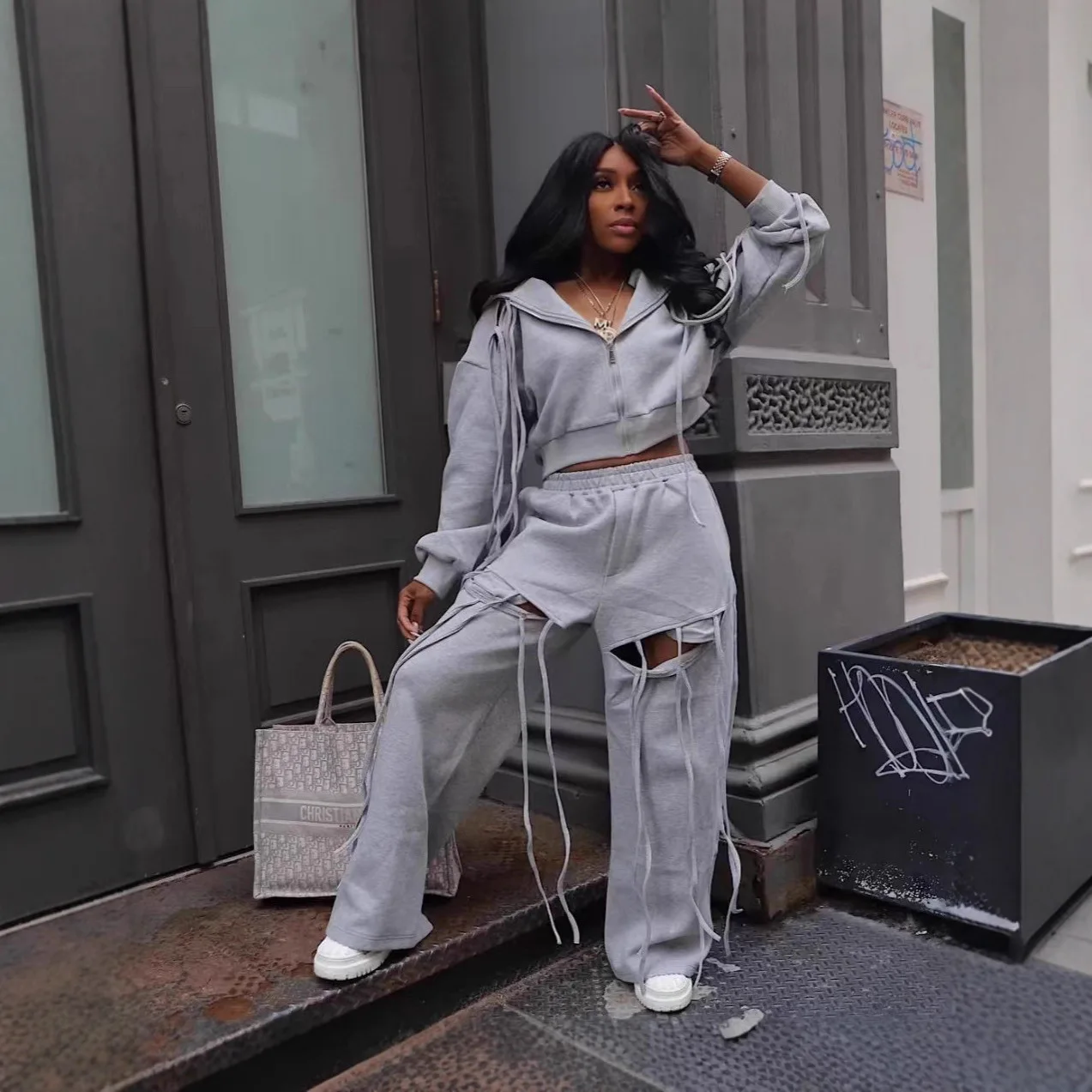 Fitness Damen 2-teiliges Set Reißverschluss-Kapuzenmantel Distressed Jogginghose 2025 Herbst Winter Outfits Fitness Sportliche Trainingsanzüge