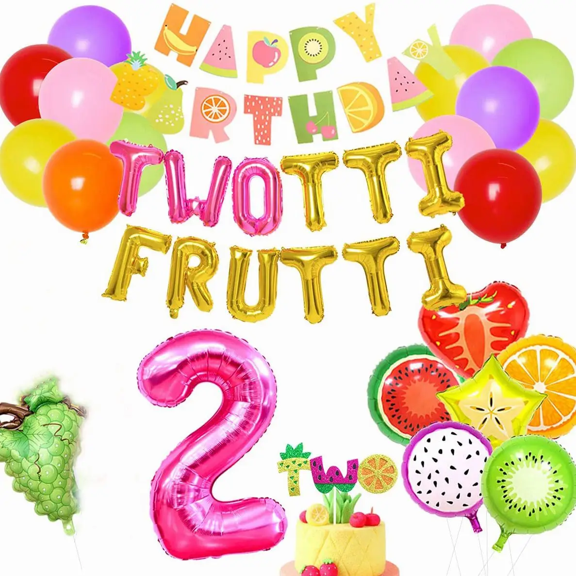 

JOYMEMO Twotti Fruity 2nd Birthday Party Decorations for Girls Fruit Birthday Banner Cake Topper 2 Year Old Birthday Supplies