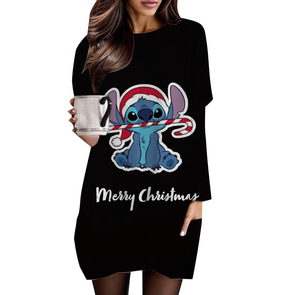 Weihnachten lässig Disney Stitch bedrucktes langärmeliges Rundhals-Taschen-T-Shirt Sportshirt Damen-T-Shirt Damen-Top