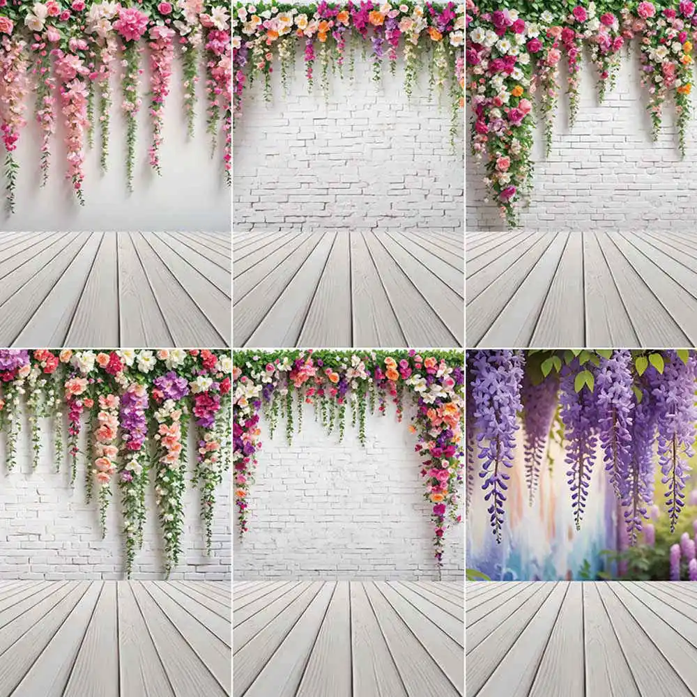 

MOON.QG Wisteria Hanging Flowers Backdrop White Brick Wall Photo Studio Background Spring Floral Photography Photozone Wallpaper