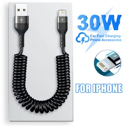 Para Apple 30W USB Cable cargador de coche rápido para iPhone 14 13 12 11 Pro Max 8 Plus X XS accesorios de Cable de carga telescópico de resorte