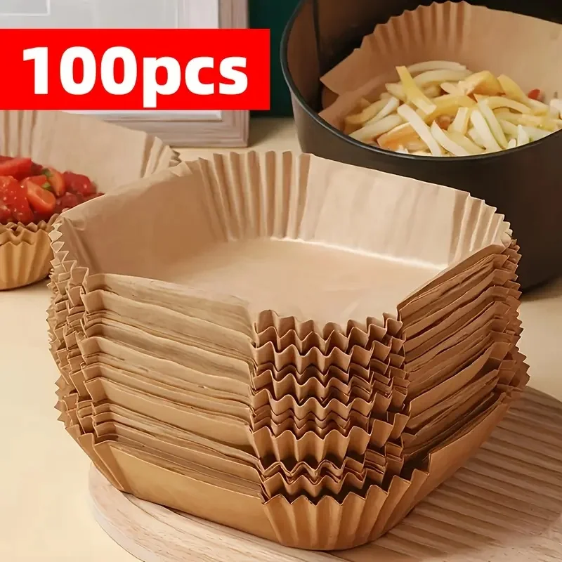 100-Pc Non-Stick Air Fryer Liners - Greaseproof & Parchment Paper with Raised Edge for Easy Clean, Baking & Microwave
