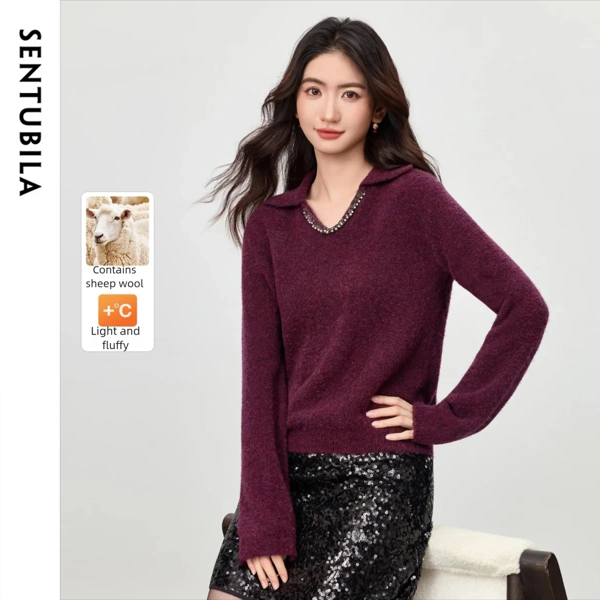 

SENTUBILA женский вязаный пуловер, свитер, осень 2022, мягкий свободный топ с полуполо шеи, повседневные теплые джемперы из смеси шерсти W54EH4094